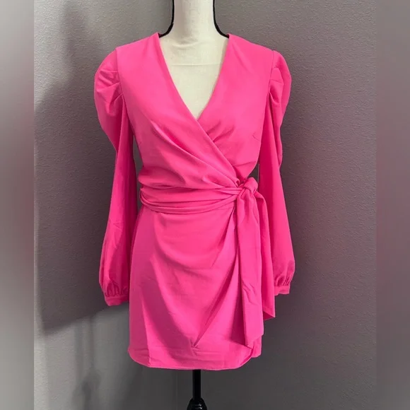 open lace back dress Hot Pink Short Sleeve Belted Wrap Midi Dress – AX Paris main image 1